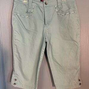 Gloria Vanderbilt light green capris, floral embroidery, stretchy, 10, EUC